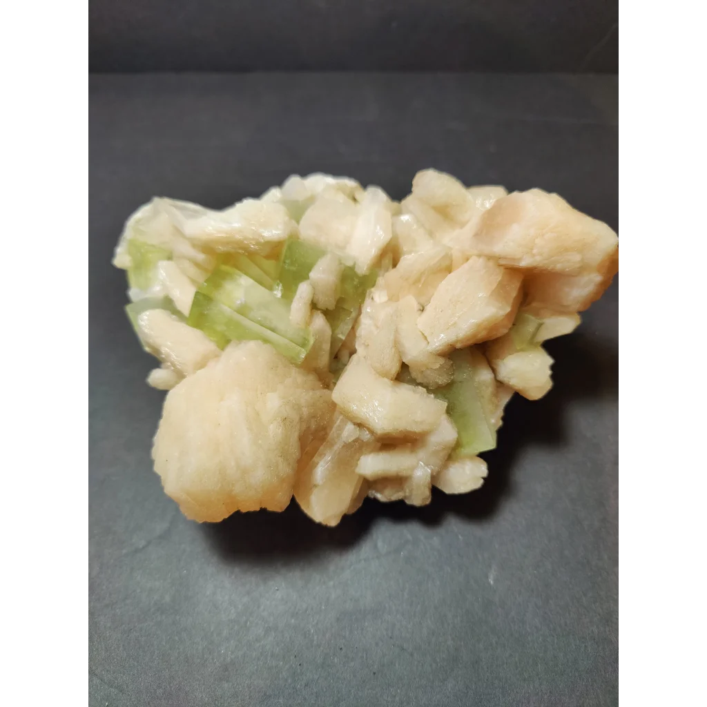 Green apophyllite cubes with peach stilbite specimen, 859g translucent crystals