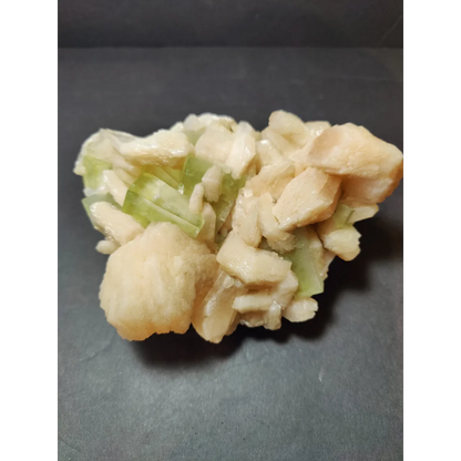 Green apophyllite cubes with peach stilbite specimen, 859g translucent crystals