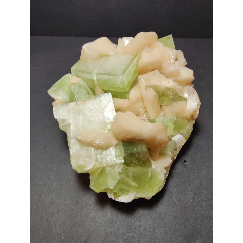 Green apophyllite cubes with peach stilbite specimen, 931g translucent crystals