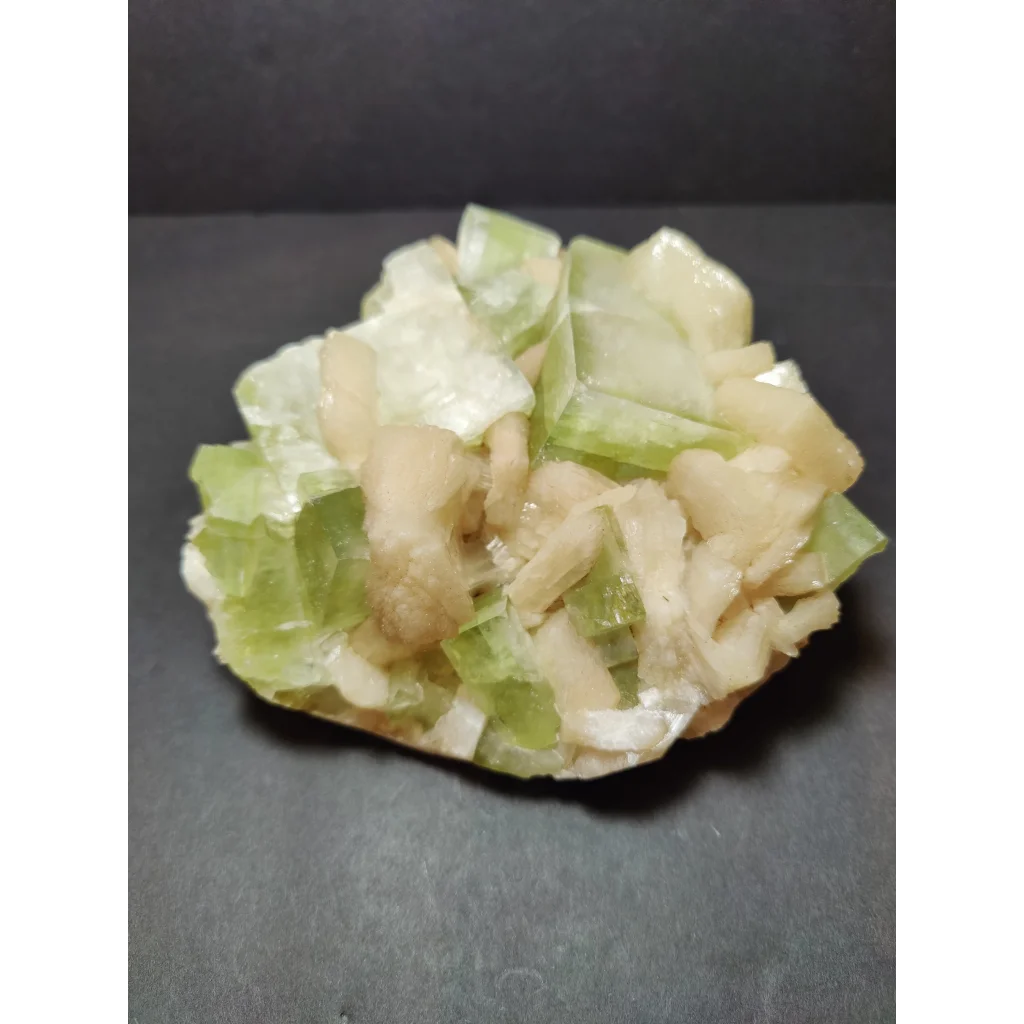 Green apophyllite cubes with peach stilbite specimen, translucent layered crystals