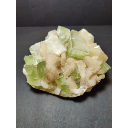 Green apophyllite cubes with peach stilbite specimen, translucent layered crystals