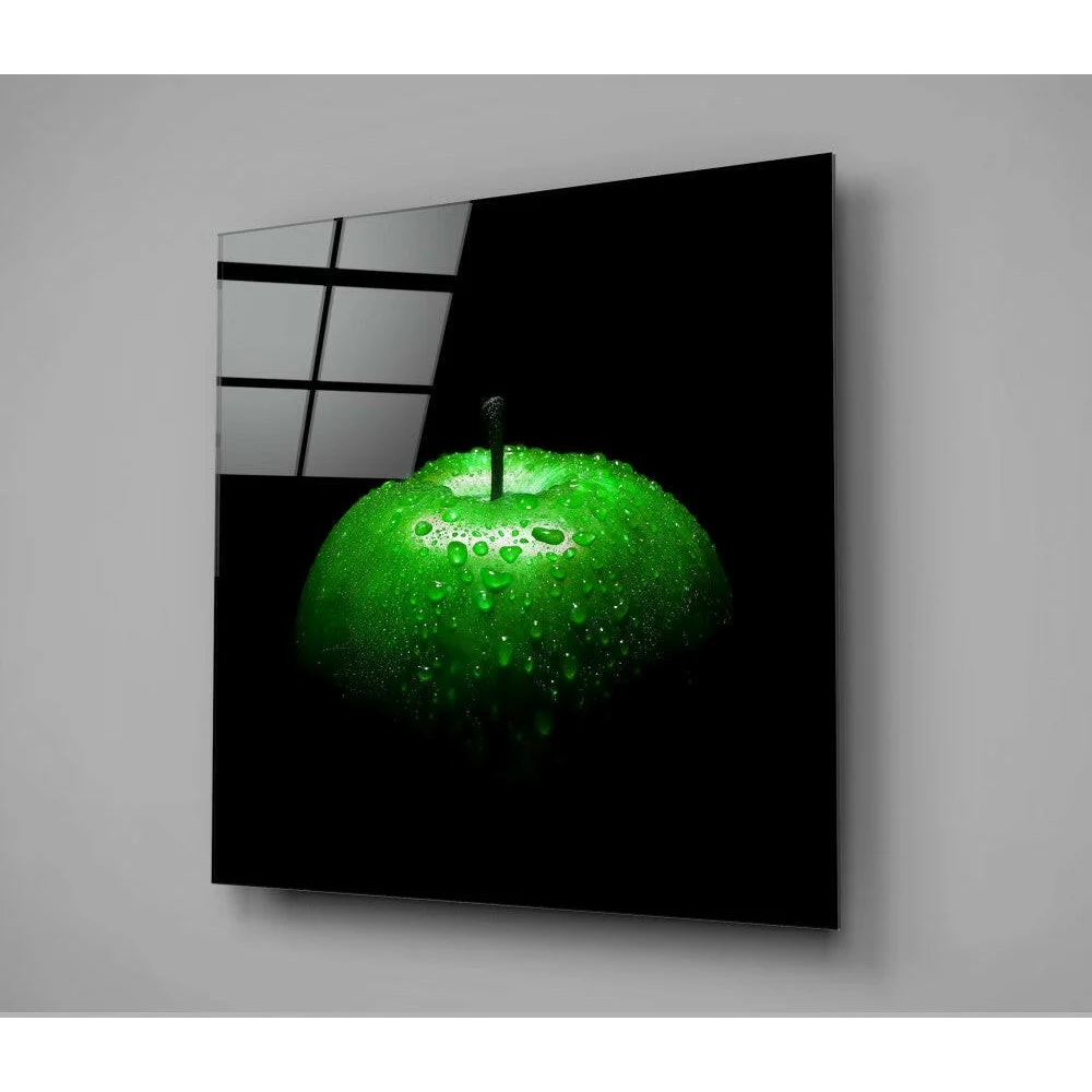 Stunning Green Apple Glass Wall Art with Glossy Black Finish | Glass Wall Art Print | vintageantiquesgifts.com