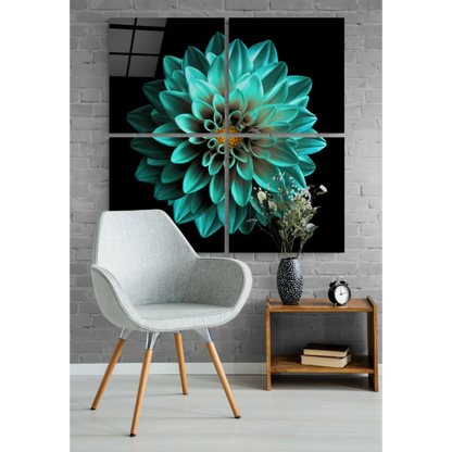 Stunning Teal Dahlia Glass Wall Art Four Panel Set | Glass Wall Art Print | vintageantiquesgifts.com