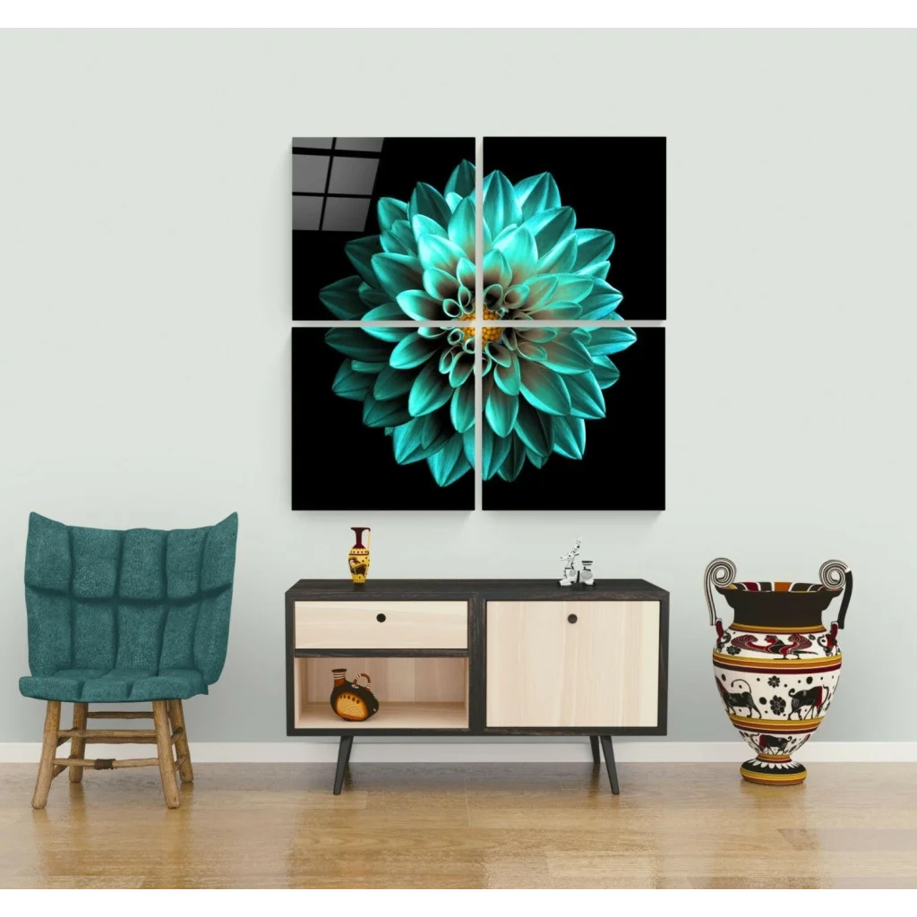 Stunning Teal Dahlia Glass Wall Art Four Panel Set | Modern Wall Art Decor | vintageantiquesgifts.com