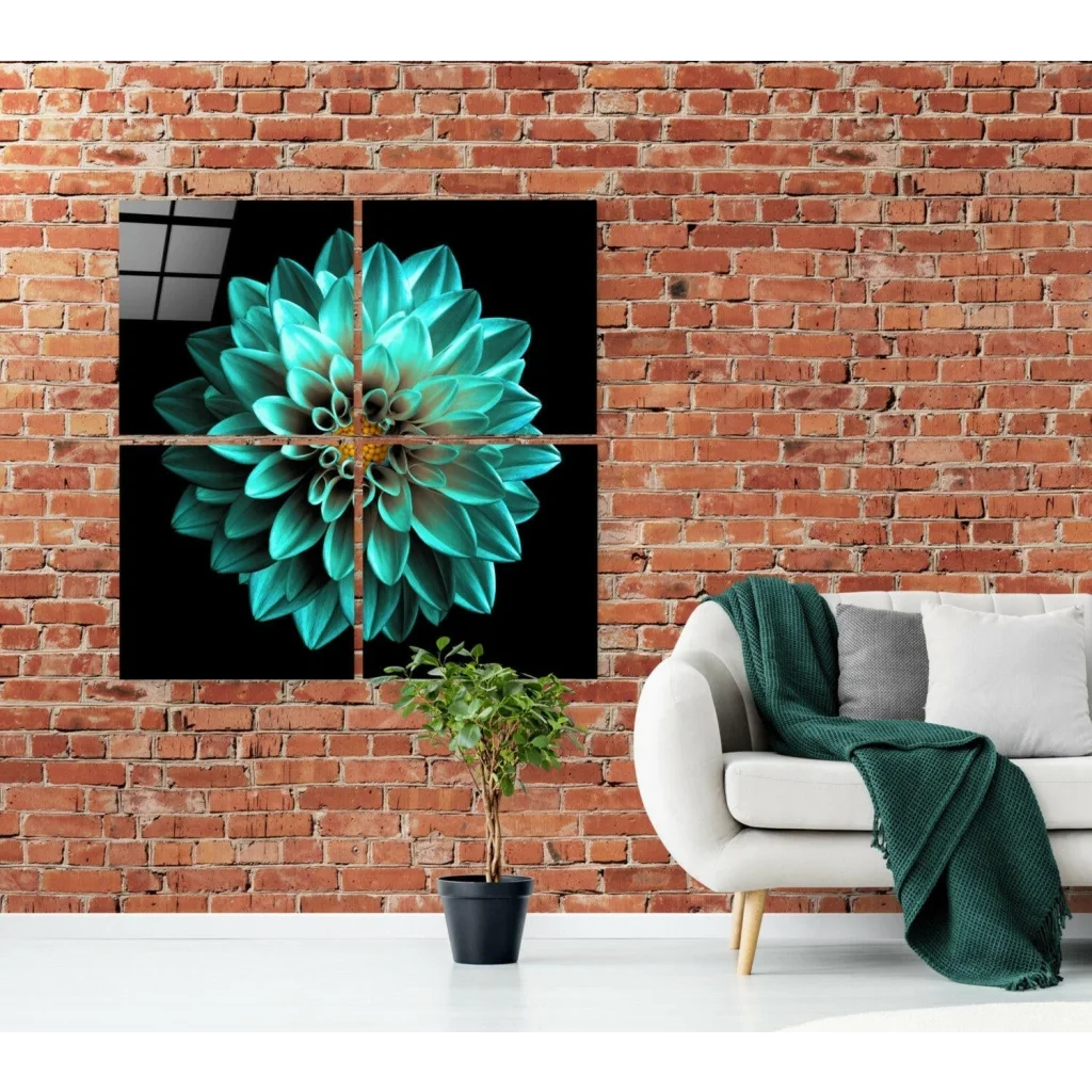 Stunning Teal Dahlia Glass Wall Art Four Panel Set | Contemporary Home Wall Art | vintageantiquesgifts.com
