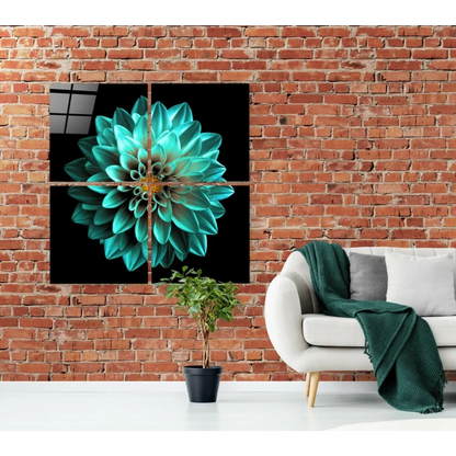 Stunning Teal Dahlia Glass Wall Art Four Panel Set | Contemporary Home Wall Art | vintageantiquesgifts.com
