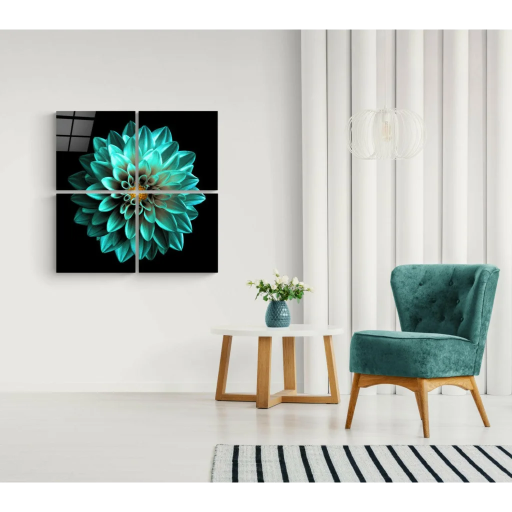 Stunning Teal Dahlia Glass Wall Art Four Panel Set | Insigneart USA | vintageantiquesgifts.com