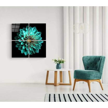 Stunning Teal Dahlia Glass Wall Art Four Panel Set | Insigneart USA | vintageantiquesgifts.com