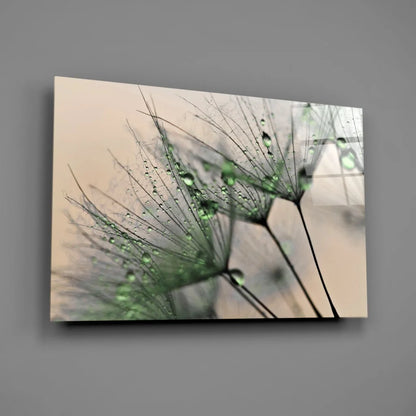 Close-up dewy dandelion seeds on canvas wall art print