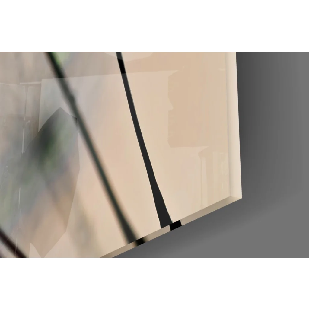 Beige abstract canvas wall art with black geometric lines and dewy dandelion droplets