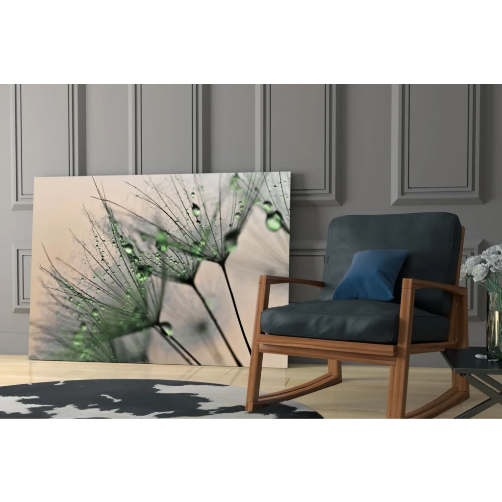 Dewy dandelion glass wall art with sparkling water droplets