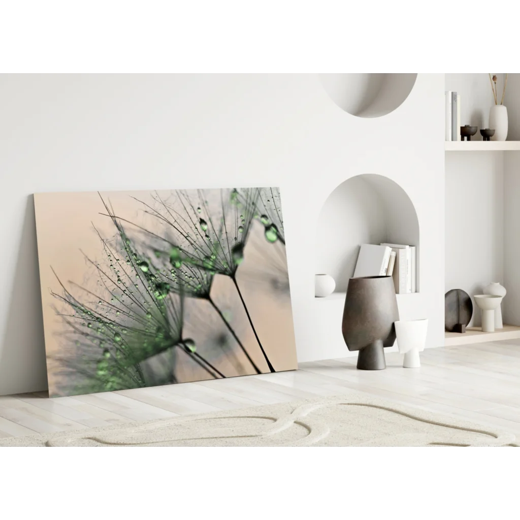 Close-up green dandelion seeds with dewdrops on beige canvas wall art