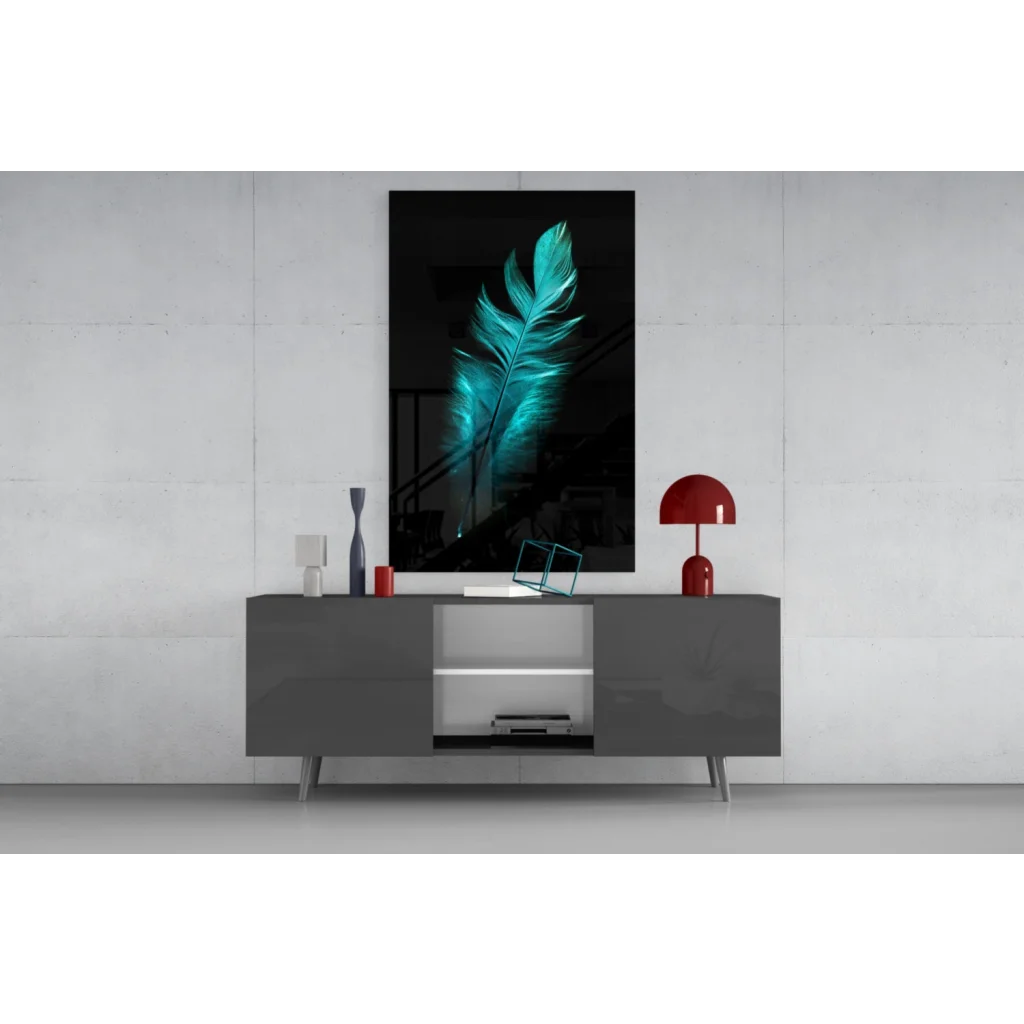 Stunning teal feather glass wall art on black background