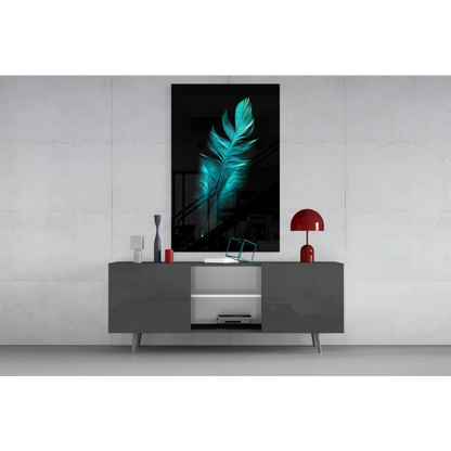 Stunning teal feather glass wall art on black background