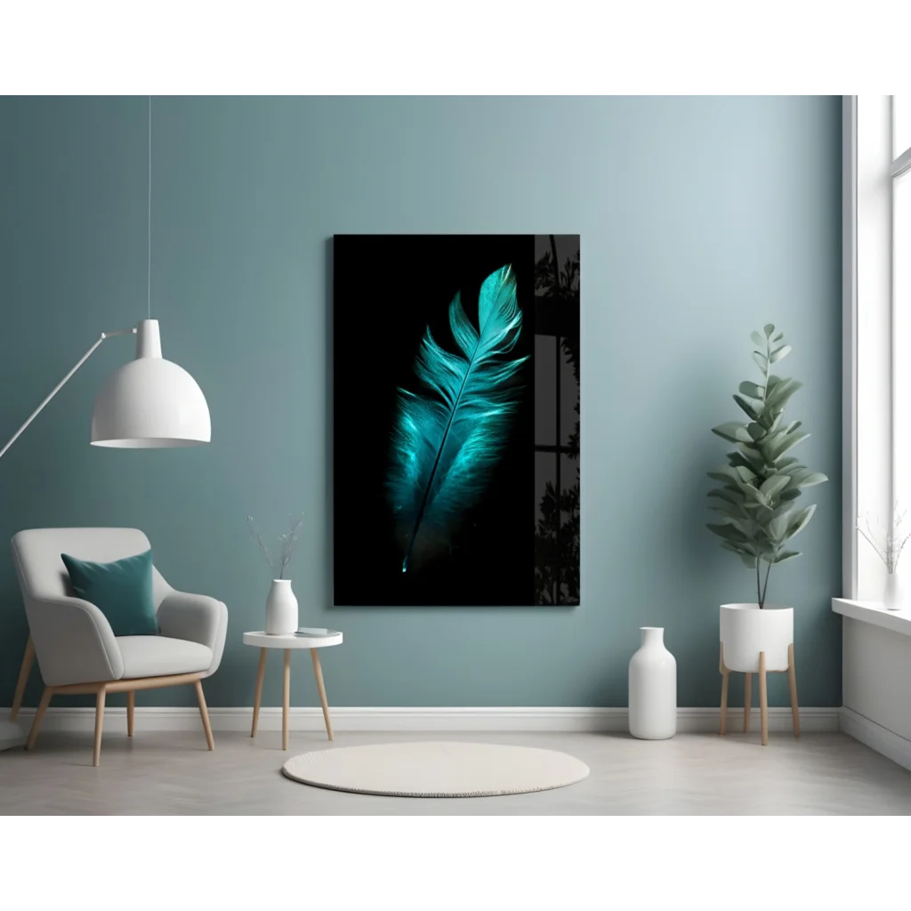 Vibrant teal feather glass wall art on glossy black background