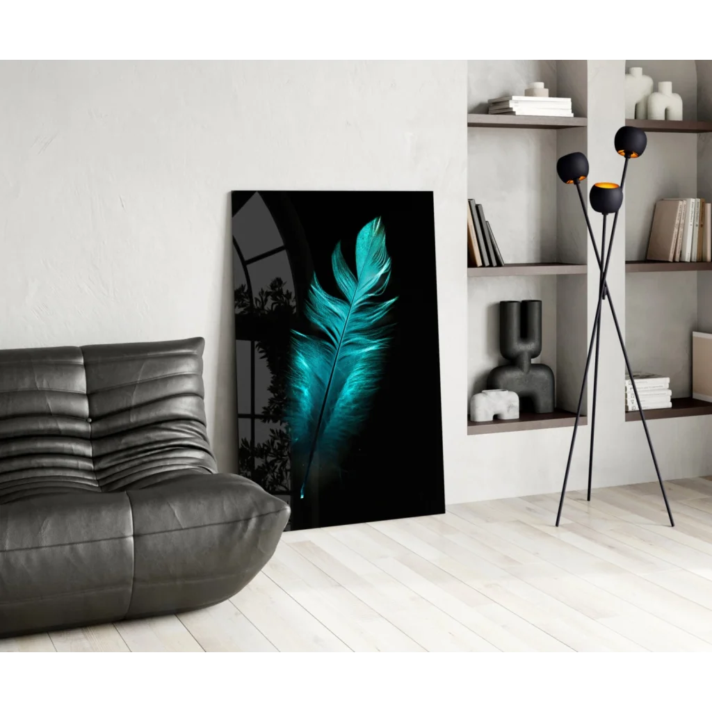 Vibrant teal feather glass wall art on glossy black canvas