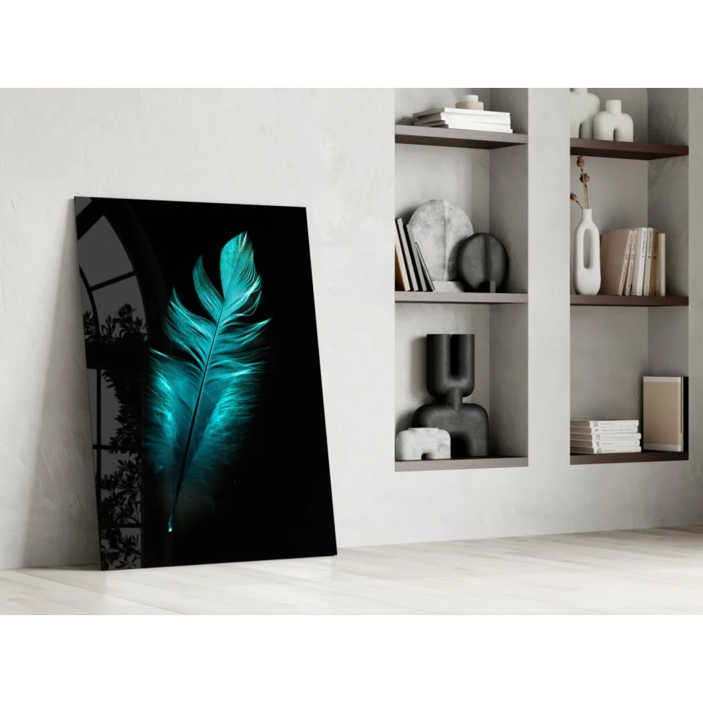 Stunning teal feather glass wall art with glossy black finish on white wall