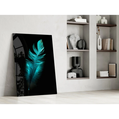 Stunning teal feather glass wall art with glossy black finish on white wall