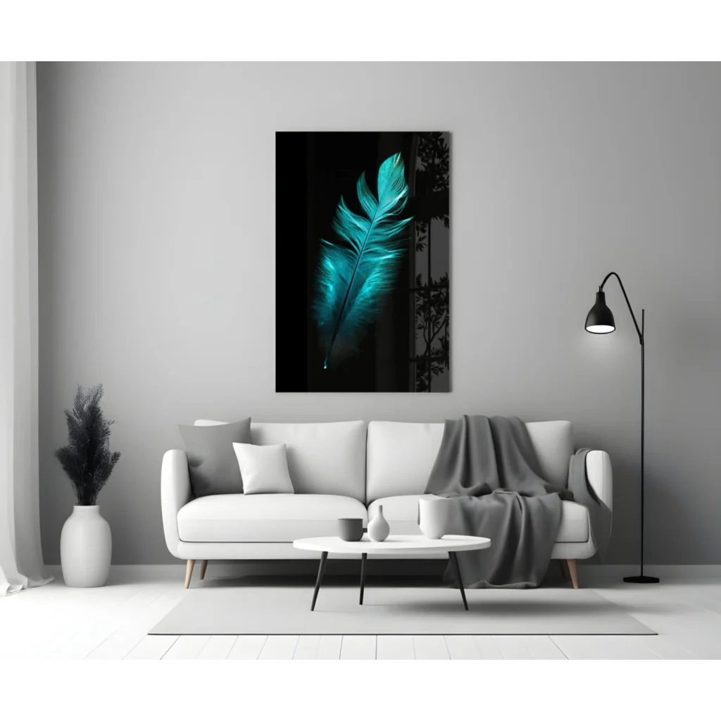 Stunning teal feather glass wall art with glossy black finish