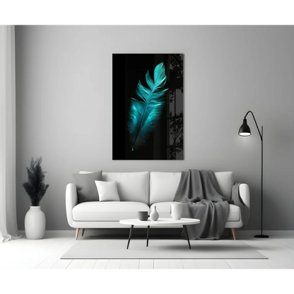 Stunning teal feather glass wall art with glossy black finish
