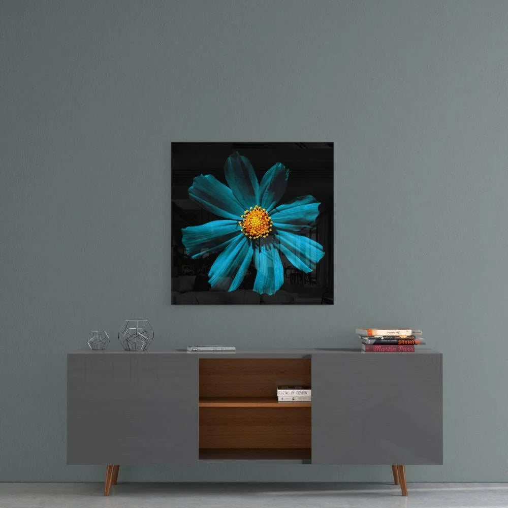 Stunning turquoise cosmos glass wall art with golden center