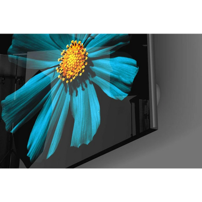 Vibrant turquoise cosmos glass wall art with golden center on monitor