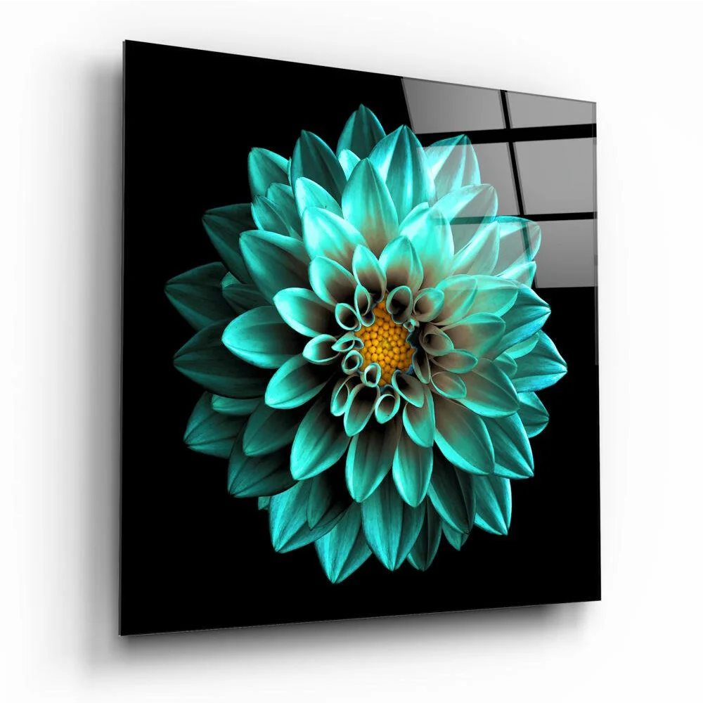 Stunning Teal Dahlia Glass Wall Art with Golden Center | Insigneart USA | vintageantiquesgifts.com