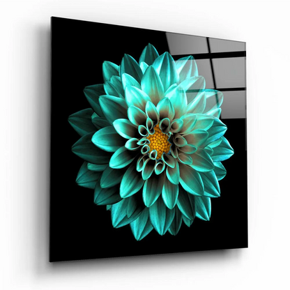 Stunning Teal Dahlia Glass Wall Art with Golden Center | Insigneart USA | vintageantiquesgifts.com