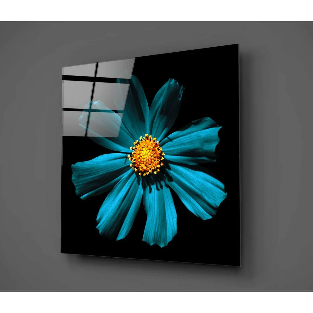 Vibrant turquoise cosmos glass wall art with golden center on black