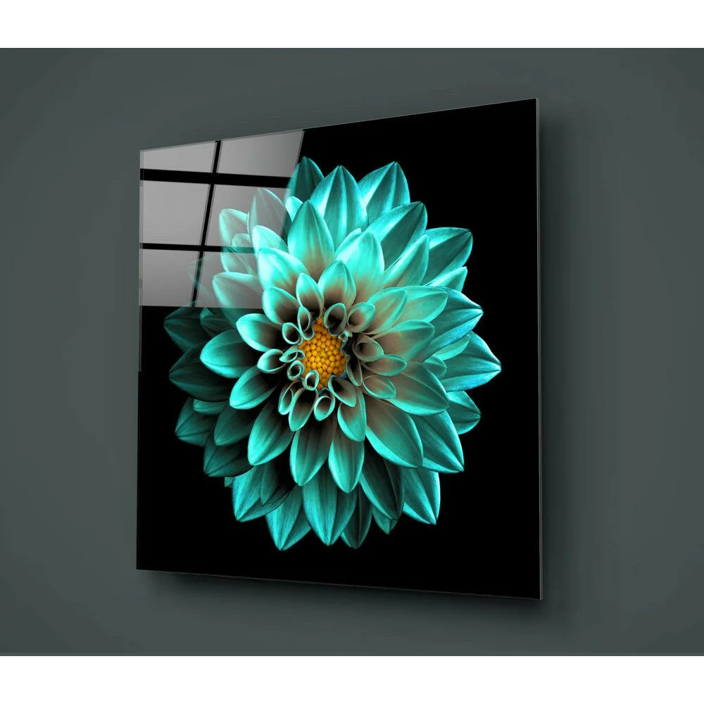 Stunning Teal Dahlia Glass Wall Art with Golden Center | Glass Wall Art Print | vintageantiquesgifts.com