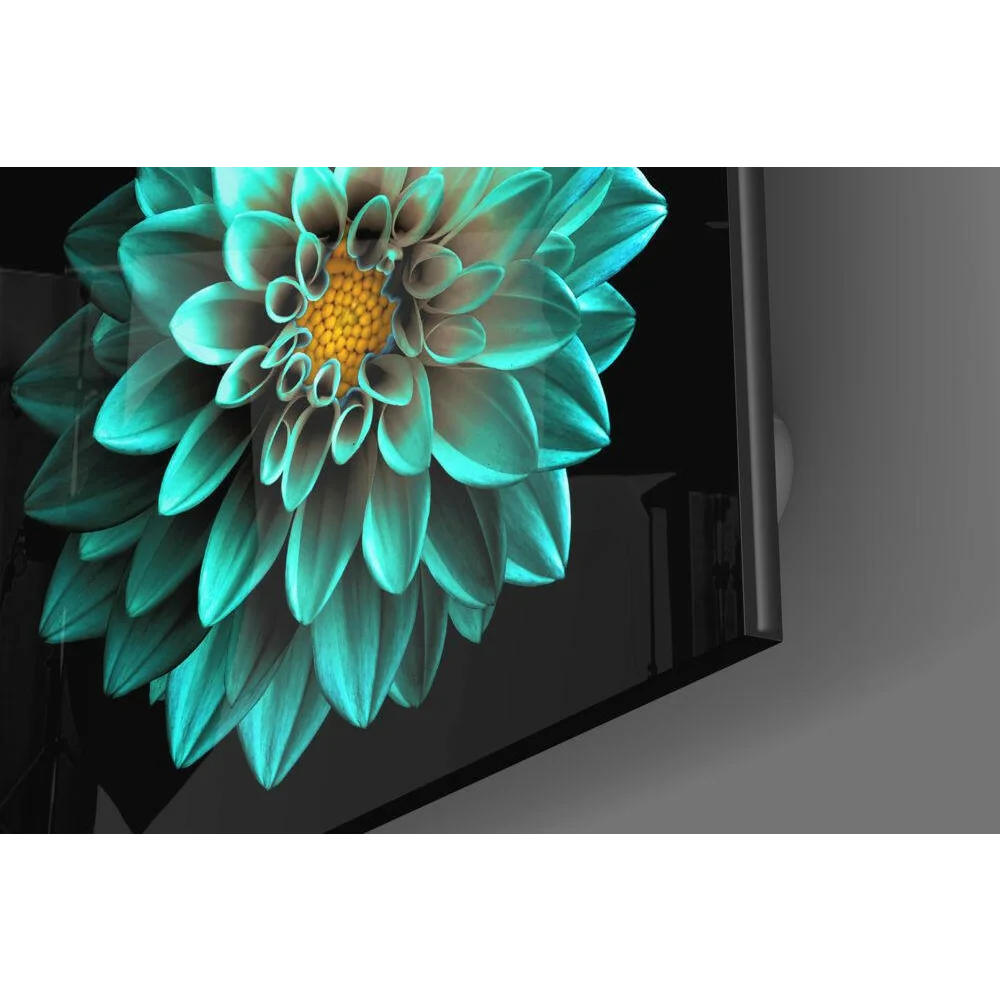 Stunning Teal Dahlia Glass Wall Art with Golden Center | Modern Wall Art Decor | vintageantiquesgifts.com