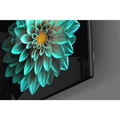 Stunning Teal Dahlia Glass Wall Art with Golden Center | Modern Wall Art Decor | vintageantiquesgifts.com