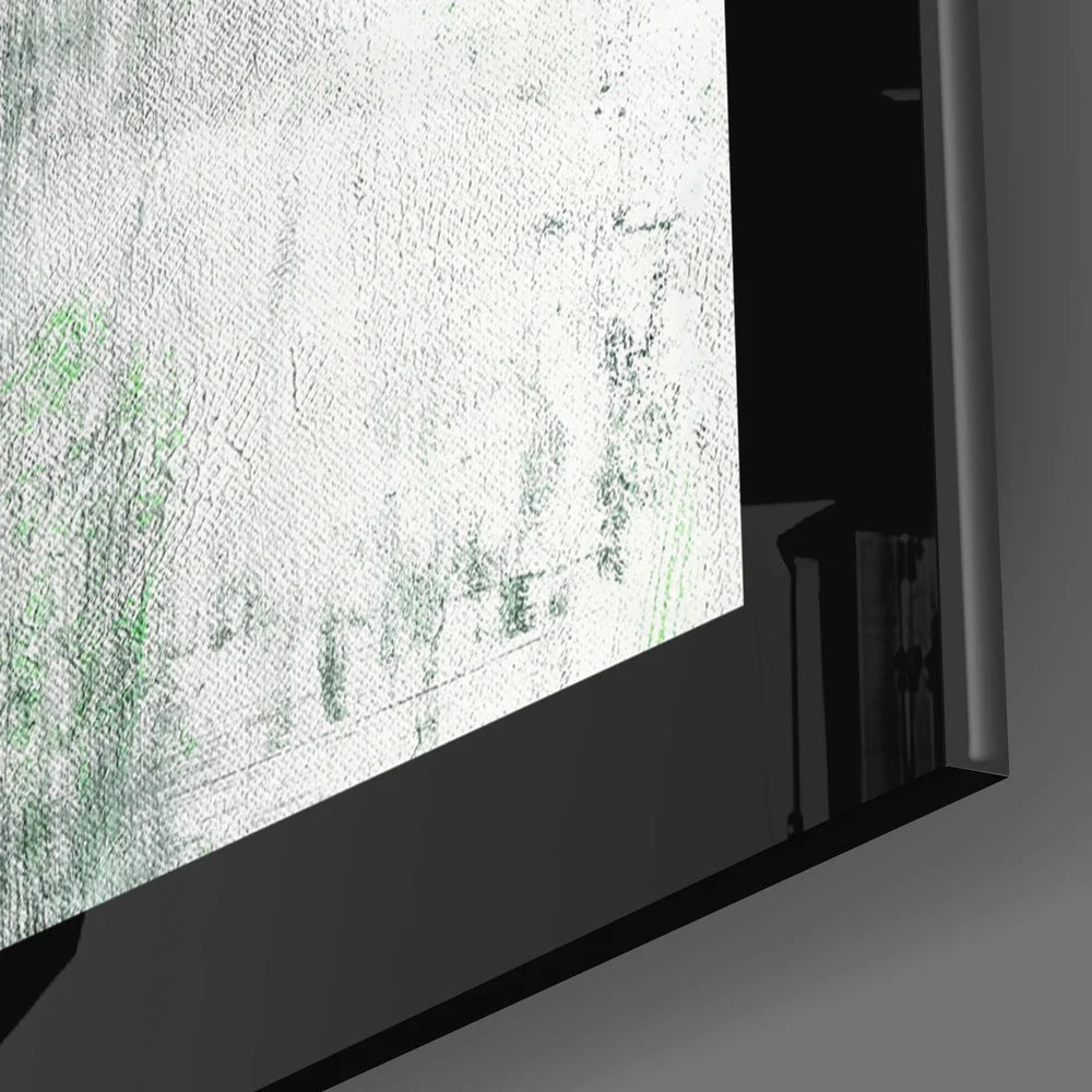 Bold green streak textured white glass wall art in black frame
