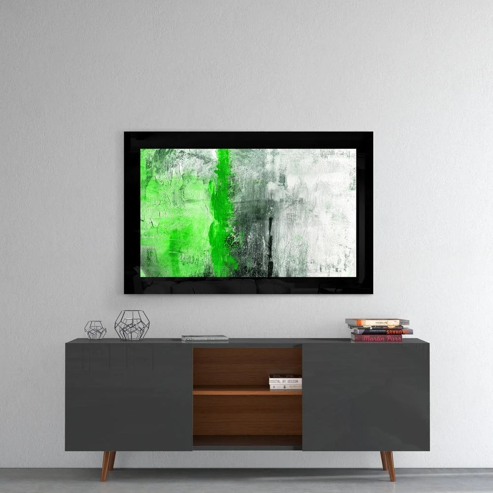 Bold green streak glass wall art in black frame with vibrant abstract design