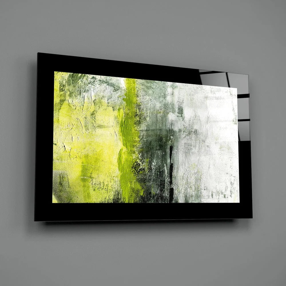 Bold abstract wall art in black frame with lime green, gray, white strokes