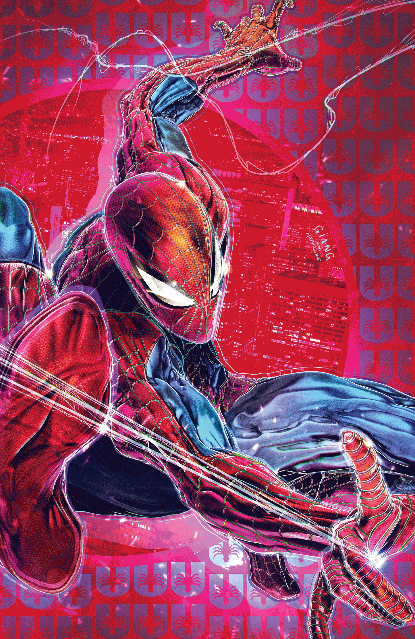 Spider-Man comic cover with red-blue web suit and Green Goblin mystery