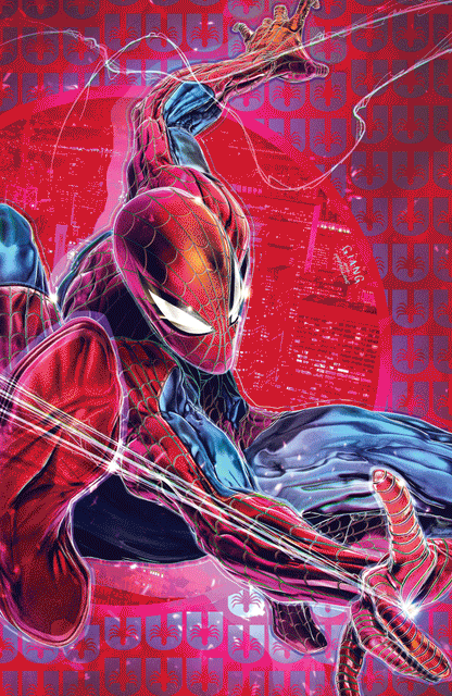 Spider-Man comic cover with red-blue web suit and Green Goblin mystery