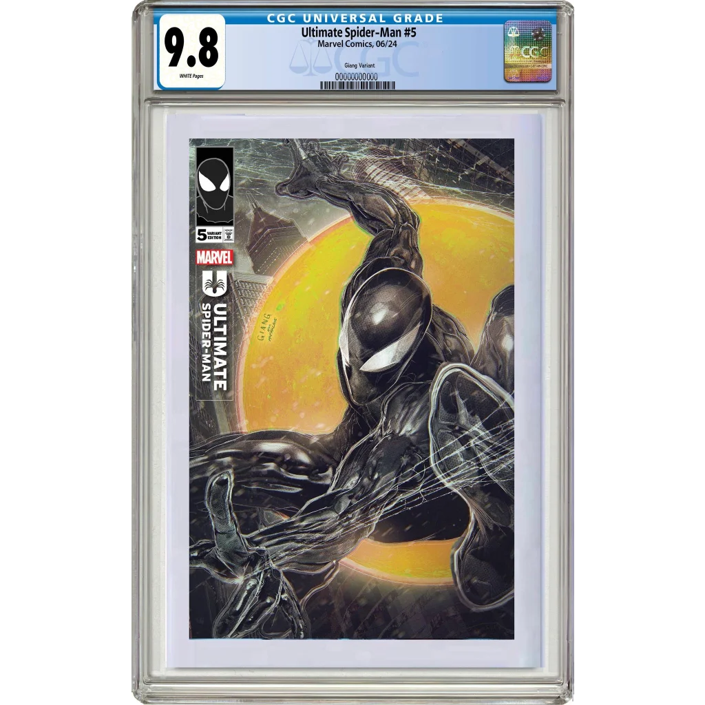 9.8 graded Ultimate Spider-Man #5 comic with Venom black-and-white cover