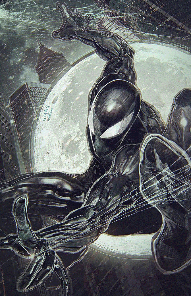 Glossy black Spiderman figure with web design, Green Goblin comic cover collectible