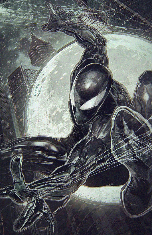 Glossy black Spiderman figure with web design, Green Goblin comic cover collectible