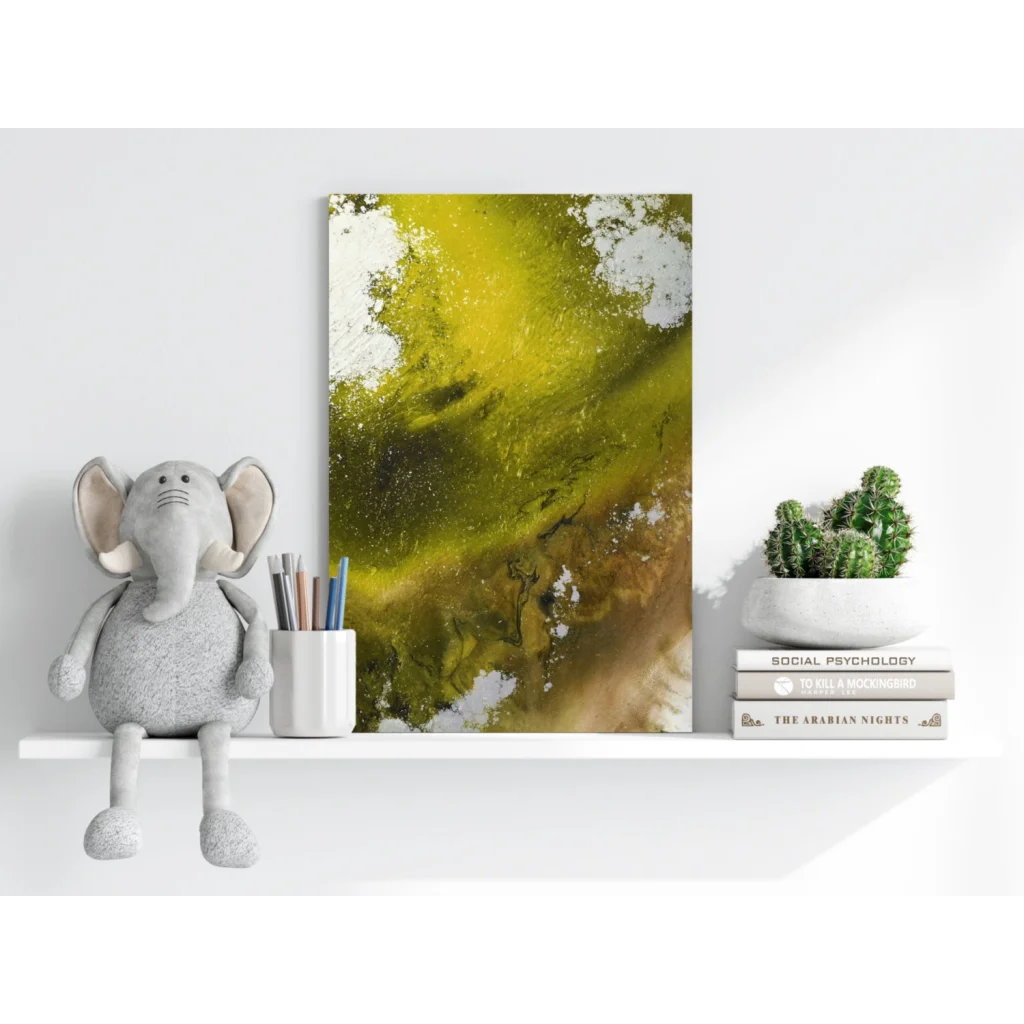 White plush elephant toy with floppy ears on green gold abstract canvas art