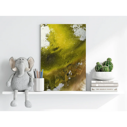 White plush elephant toy with floppy ears on green gold abstract canvas art
