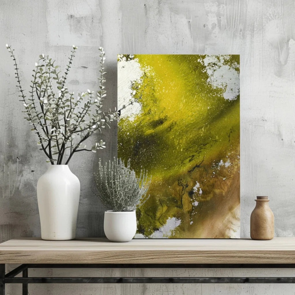 Olive green abstract canvas art with white accents and textured modern design