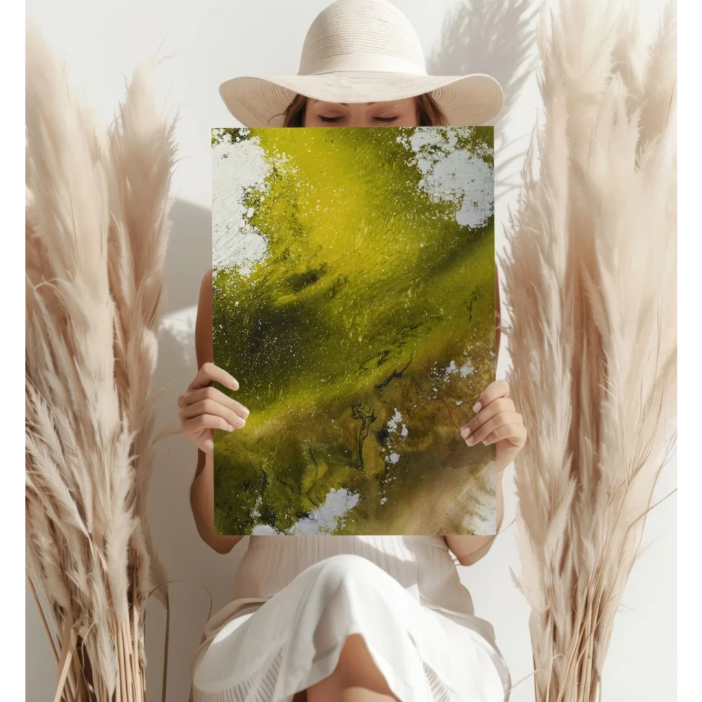 Yellow and green abstract art print on canvas.