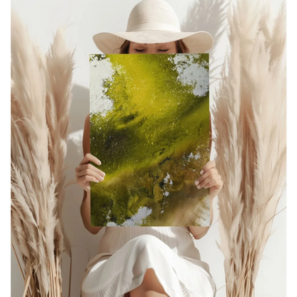 Yellow and green abstract art print on canvas.