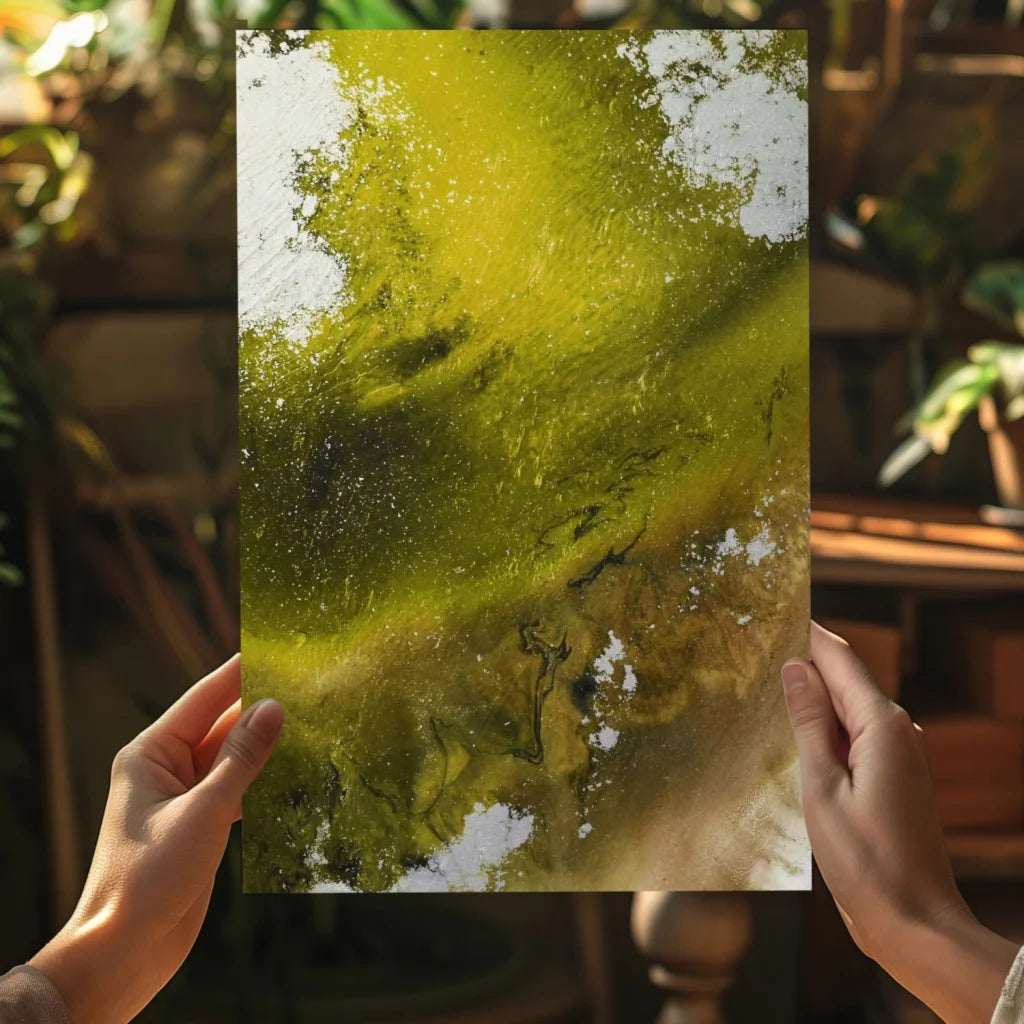 Green gold abstract canvas art print on textured paper with shimmer