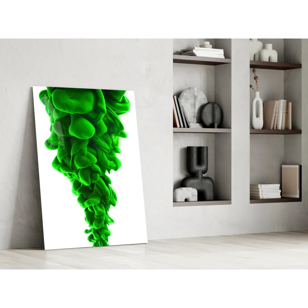 Vibrant green swirl glass wall art leaning on white wall