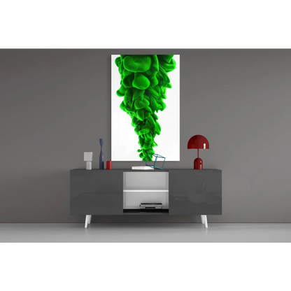 Vibrant green swirl glass wall art on white canvas background