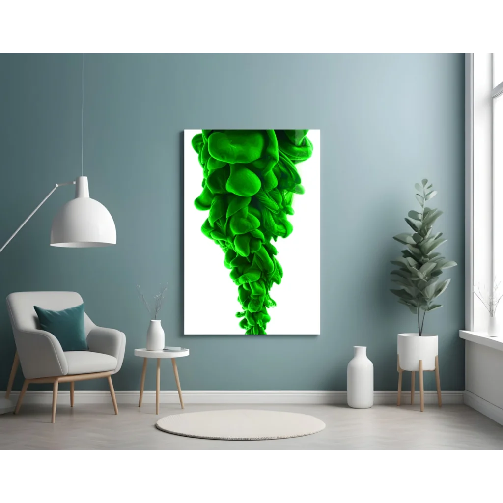 Vibrant green swirl glass wall art on teal wall for modern homes