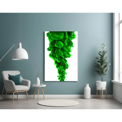Vibrant green swirl glass wall art on teal wall for modern homes